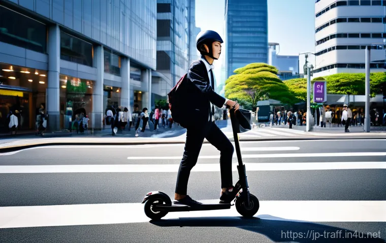 대중교통과 공유킥보드 최적 조합 - **Prompt 1: Urban Commuter's Seamless Morning**
    A bright, dynamic, eye-level shot of a young Jap...