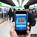 모바일 교통카드 장점과 단점 - A modern Japanese commuter in a bustling Tokyo subway station using a sleek smartphone integrated wi...