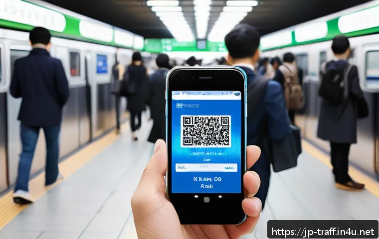 모바일 교통카드 장점과 단점 - A modern Japanese commuter in a bustling Tokyo subway station using a sleek smartphone integrated wi...