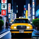 택시 요금제 및 할증 비교 - A modern Japanese city street scene at night featuring a sleek taxi with illuminated signage indicat...