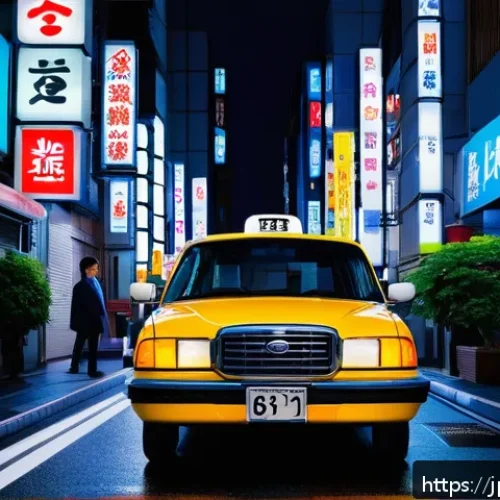 택시 요금제 및 할증 비교 - A modern Japanese city street scene at night featuring a sleek taxi with illuminated signage indicat...