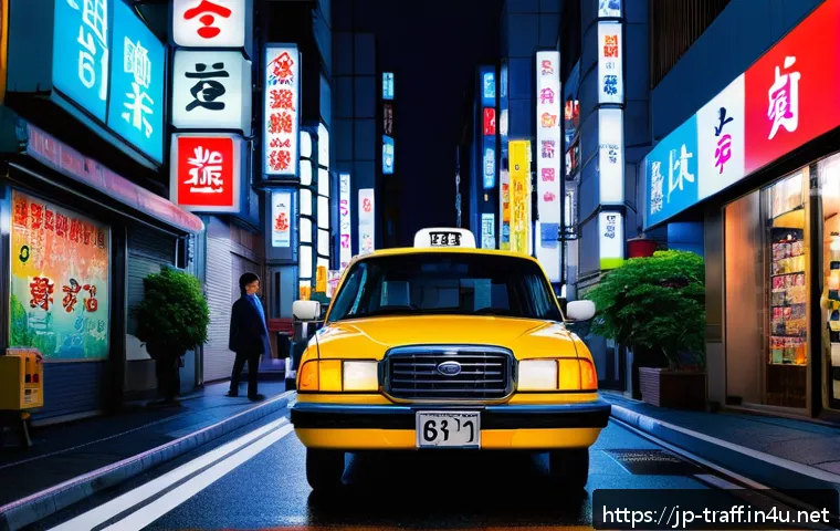 택시 요금제 및 할증 비교 - A modern Japanese city street scene at night featuring a sleek taxi with illuminated signage indicat...