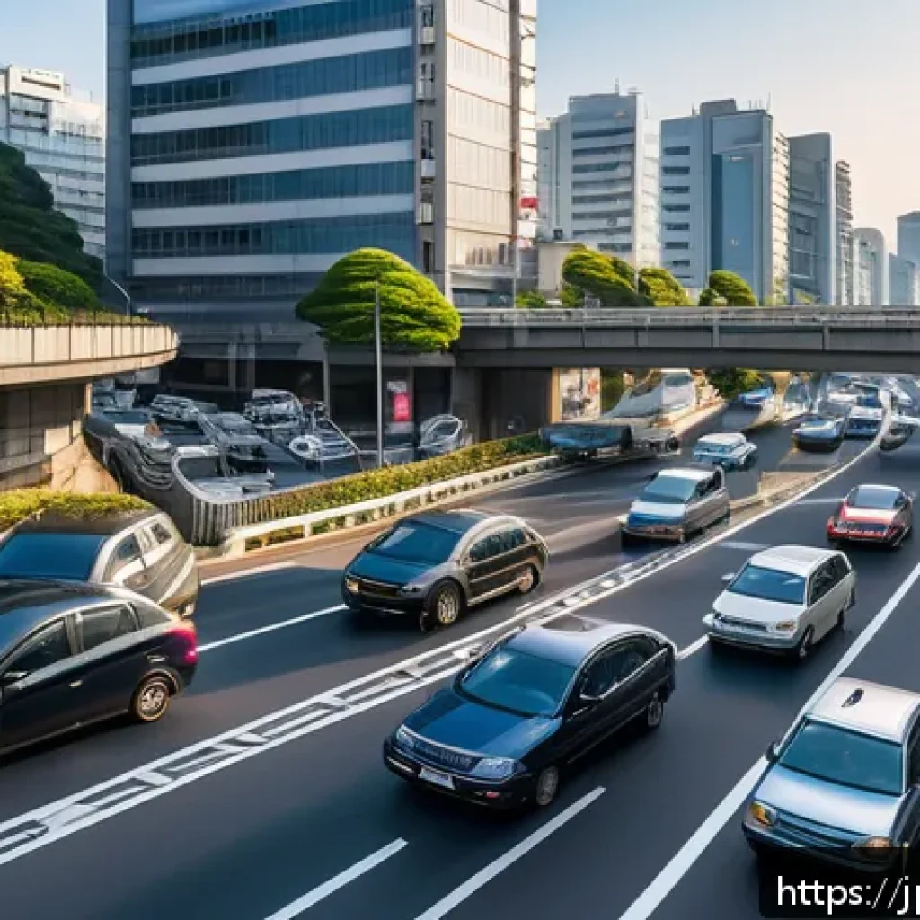 교통 체증 심한 구간 분석 및 대안 - A detailed urban morning rush hour scene near a major highway interchange in a Japanese city, showin...