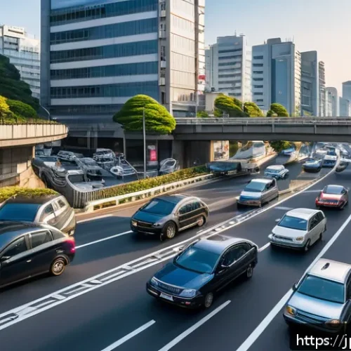 교통 체증 심한 구간 분석 및 대안 - A detailed urban morning rush hour scene near a major highway interchange in a Japanese city, showin...