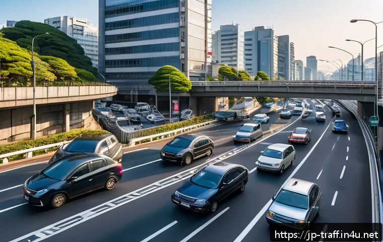 교통 체증 심한 구간 분석 및 대안 - A detailed urban morning rush hour scene near a major highway interchange in a Japanese city, showin...